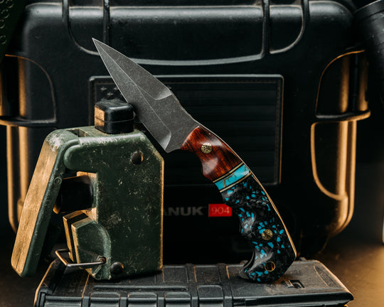 3" HUMINT - Desert Ironwood, Black G10 & Brass Pin Striping, Turquoise w/ Brass Web, Turquoise RockyWaves Carbon Fiber, Mosaic Pins, Brass lanyard Pin.