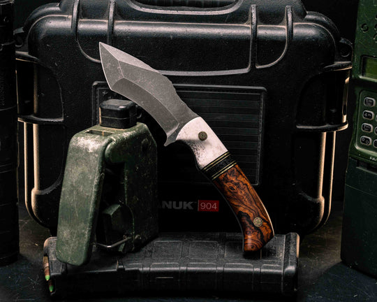 Buteo- Elk Antler, Black G10 and Brass Pin Striping, Black Canvas Micarta Split, Desert Ironwood, Mosaic Pins, Textured Grip