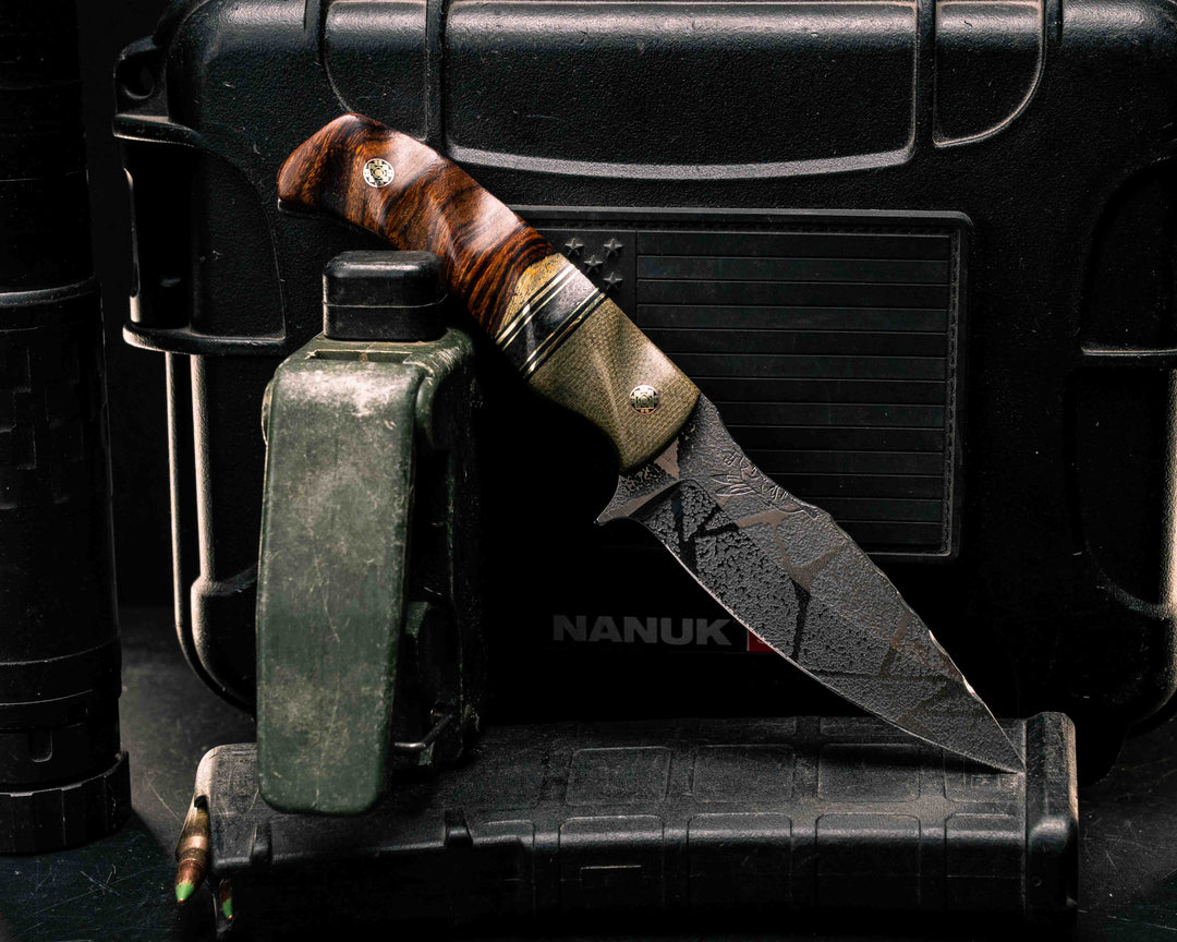 Ishi- Olive Canvas Micarta, Black G10 and Brass Pin Striping, Black Canvas Micarta Split, Desert Ironwood, Mosaic Pins, Textured Grip