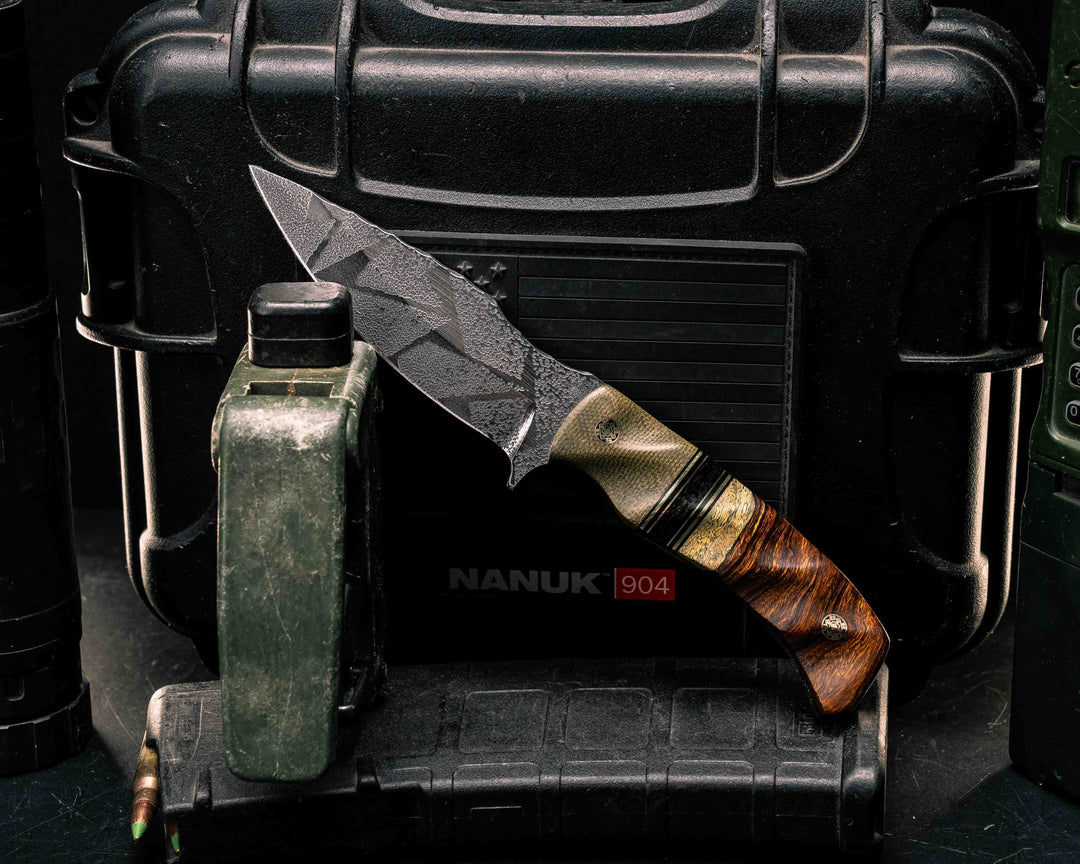 Ishi- Olive Canvas Micarta, Black G10 and Brass Pin Striping, Black Canvas Micarta Split, Desert Ironwood, Mosaic Pins, Textured Grip