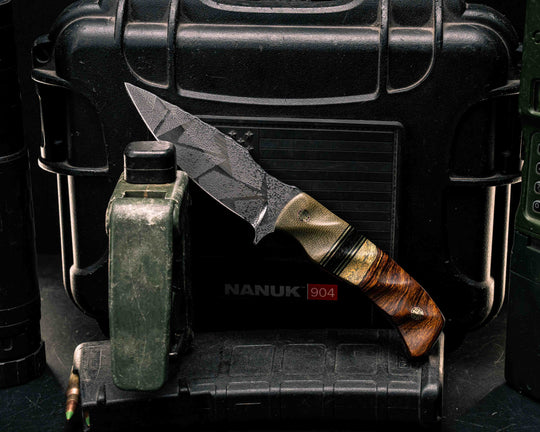 Ishi- Olive Canvas Micarta, Black G10 and Brass Pin Striping, Black Canvas Micarta Split, Desert Ironwood, Mosaic Pins, Textured Grip