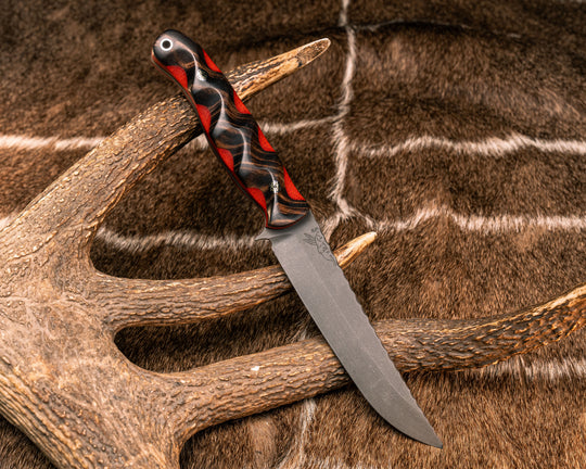 Crow Breakdown- Hawaiian Curly Koa Over Fire Canvas Micarta, Mosaic Pins, Aluminum Lanyard Pin, Textured Grip