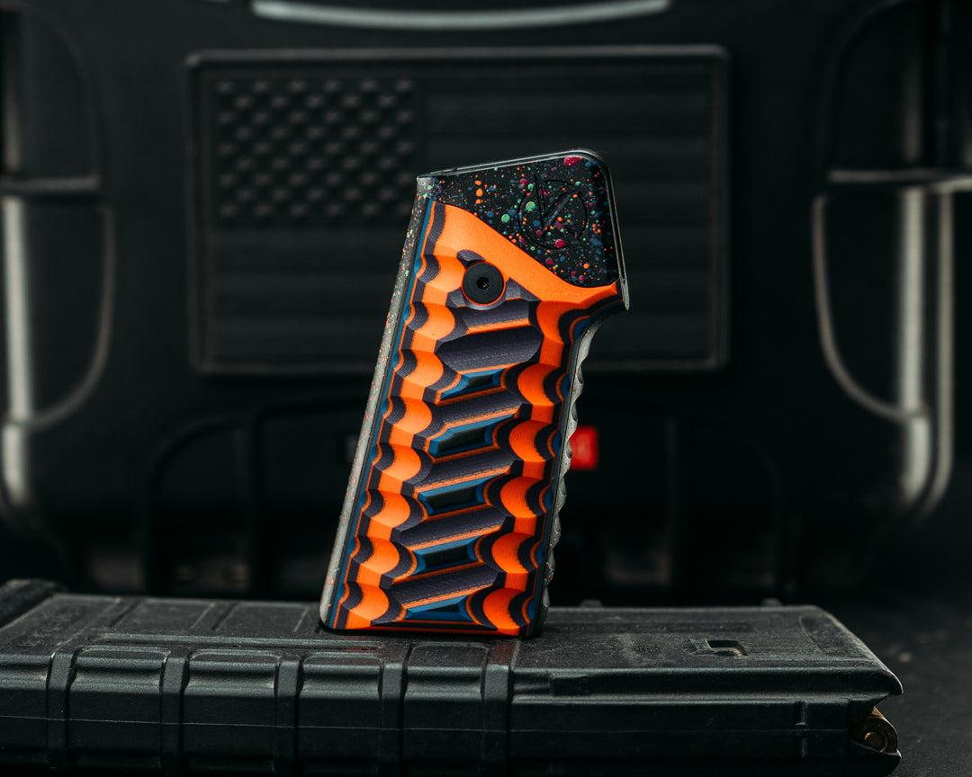 HFB x Kinetic AR Grip- Black, Blue, Purple, & Orange G10, 80's RAD Splatter Cerakote Frame, Snake Textured Grip