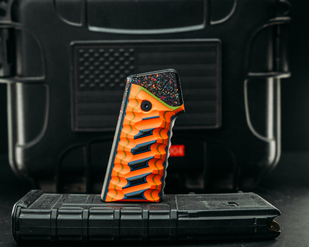 HFB x Kinetic AR Grip - Black, Blue, Orange & Acid Green G10, 80's RAD Splatter Cerakote Frame, Snake Textured Grip
