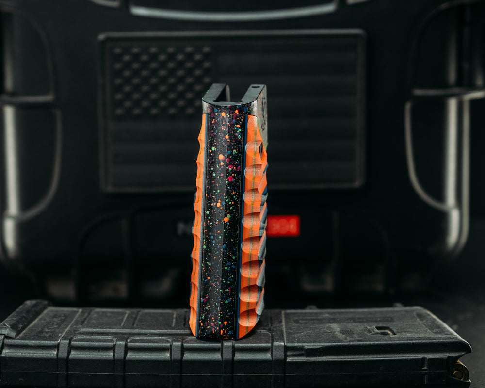 HFB x Kinetic AR Grip - Black, Blue, Orange & Acid Green G10, 80's RAD Splatter Cerakote Frame, Snake Textured Grip
