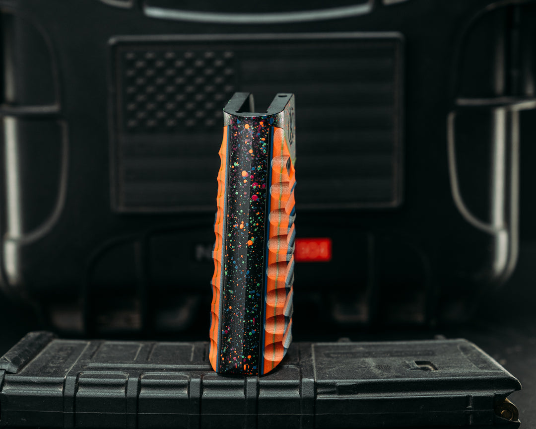 HFB x Kinetic AR Grip - Black, Blue, Orange & Acid Green G10, 80's RAD Splatter Cerakote Frame, Snake Textured Grip