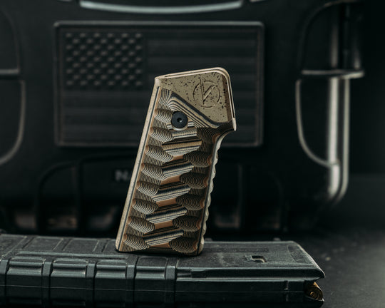HFB x Kinetic AR Grip- Layered Black and Coyote G10, OD Green w/ Black Splatter Cerakote Frame, Snake Grip