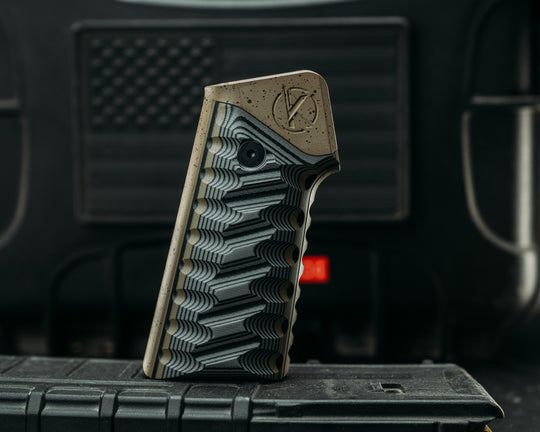 HFB x Kinetic AR Grip- Layered Black and Grey G10 Over OD Green and Black G10, OD Green w/ Black Splatter Cerakote Frame, Snake Grip