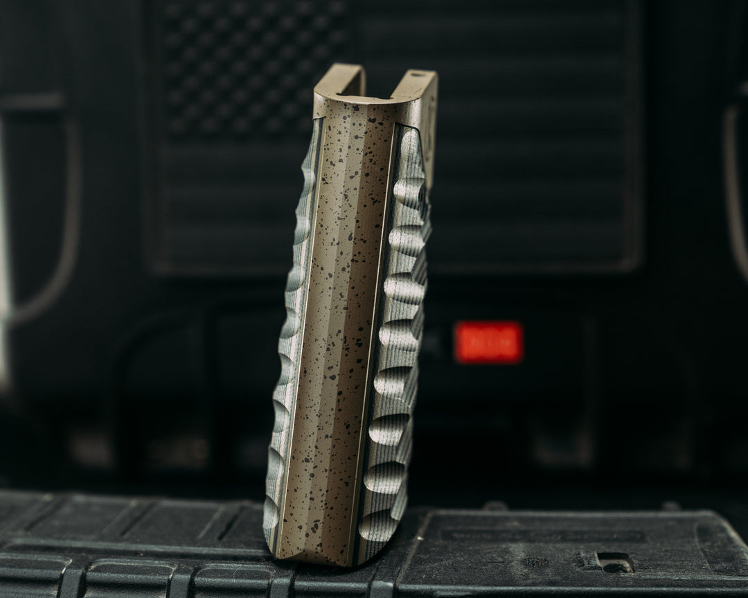HFB x Kinetic AR Grip- Layered Black and Grey G10 Over OD Green and Black G10, OD Green w/ Black Splatter Cerakote Frame, Snake Grip