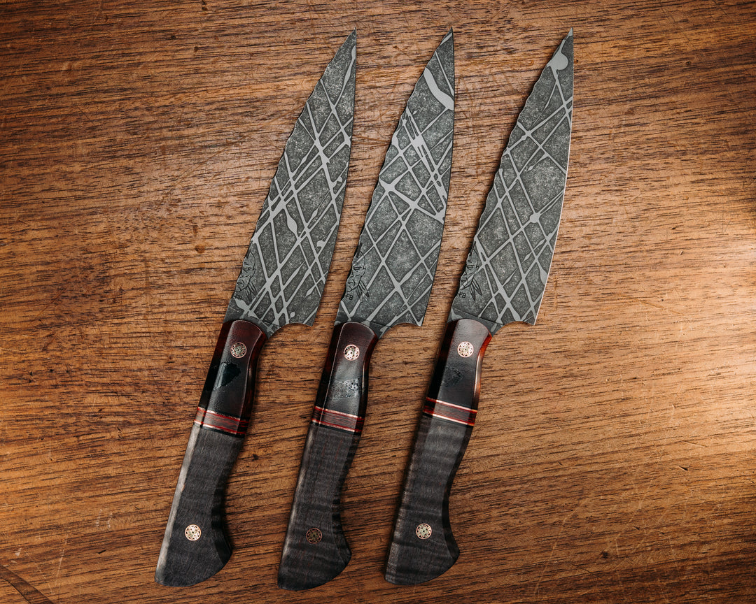 Steak Knife Set (3 piece)- Afzelia Burl and Resin, Black G10, Copper and Cherry G10 Pin Striping, Dyed Curly Mango, Mosaic Pins, Smooth Grip