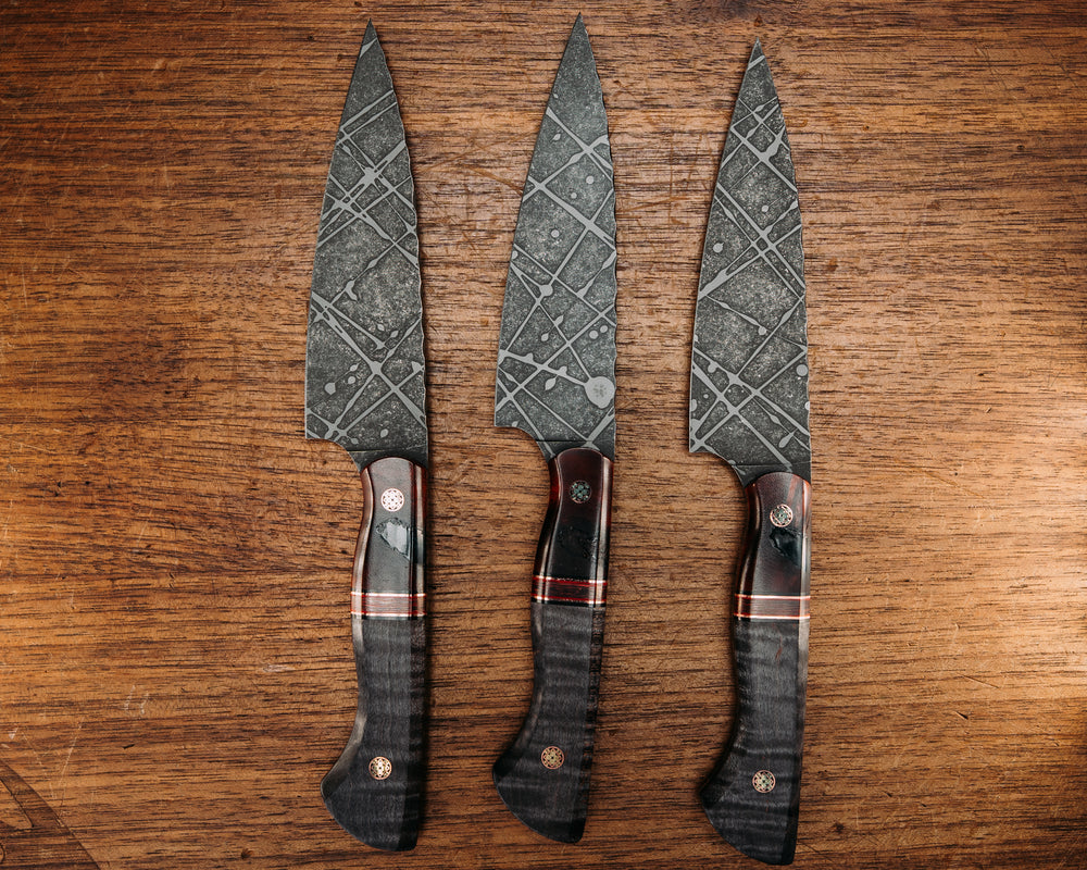 Steak Knife Set (3 piece)- Afzelia Burl and Resin, Black G10, Copper and Cherry G10 Pin Striping, Dyed Curly Mango, Mosaic Pins, Smooth Grip
