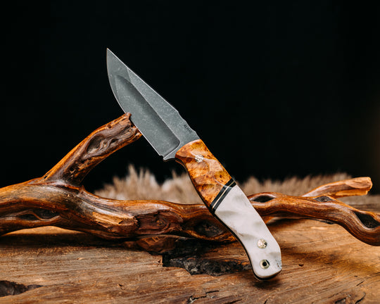 Crow Jr (Compound Grind)- Amboyna Burl, Black G10 and Brass Split, Elk Antler, Mosaic Pins, Brass Lanyard Pin, Textured Grip
