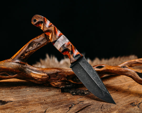 Crow Jr (Compound Grind)- Desert Ironwood Over Blue G10 Over Dyed Amboyna Burl Over Desert Ironwood, Elk Antler Split, CF Pins, CF Lanyard Pin, Textured Grip
