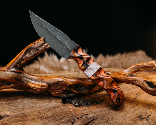 Crow Jr (Compound Grind)- Desert Ironwood Over Blue G10 Over Dyed Amboyna Burl Over Desert Ironwood, Elk Antler Split, CF Pins, CF Lanyard Pin, Textured Grip
