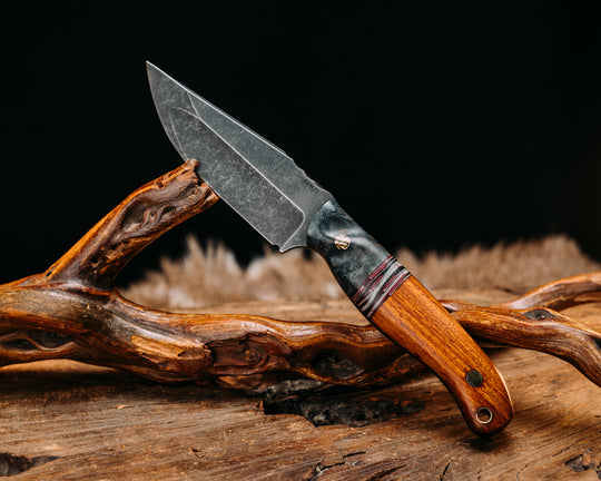 Crow Jr (Compound Grind)- Dyed Black Ash, American Flag Canvas Micarta Split, Desert Ironwood, Mosaic Pins, Brass Lanyard Pin, Textured Split