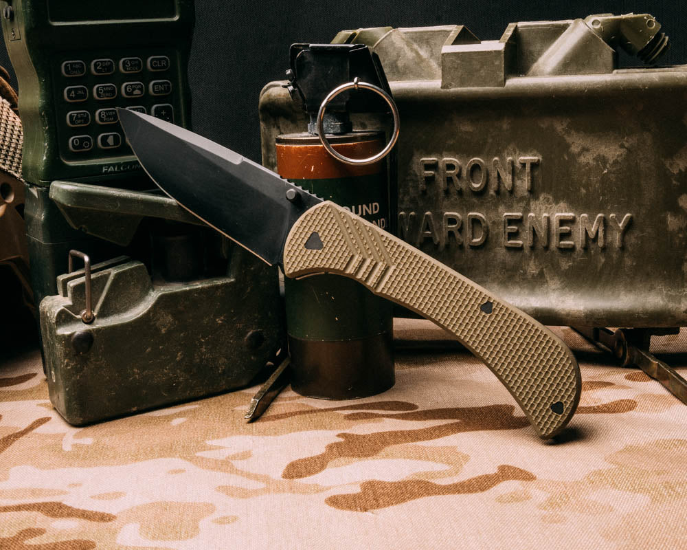 Cav folder full size- OD green G10, Armor black cerakote blade, textured grip, TI frame