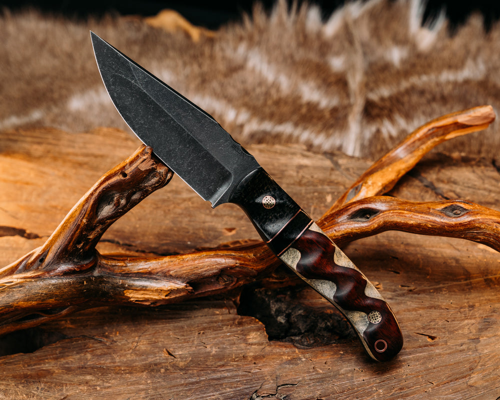 Crow Jr (Compound Grind)- Black Burlap Micarta, Black G10 and Copper Pin Striping, Black Burlap Micarta Split, Snakewood Over Buckeye Burl, Mosaic Pins, Copper Lanyard Pin, Textured Grip