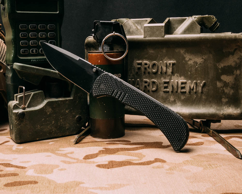 Cav folder full size- Black G10, Armor black cerakote blade, textured grip, TI frame