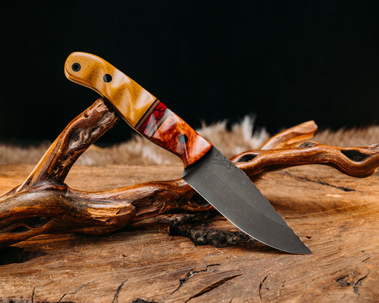 Crow Jr- Afzelia Burl, Black G10, Coyote G10, Cherry G10 and White G10 Pin Striping, Bloody Basin Tru-stone Split, Vintage Butterscotch Canvas Micarta, CF Pins, CF Lanyard Pin, Textured Grip