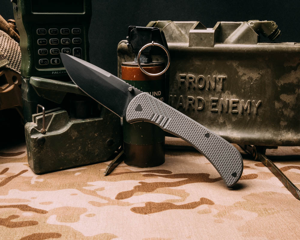 Cav folder full size- Grey G10, Armor black cerakote blade, textured grip, TI frame