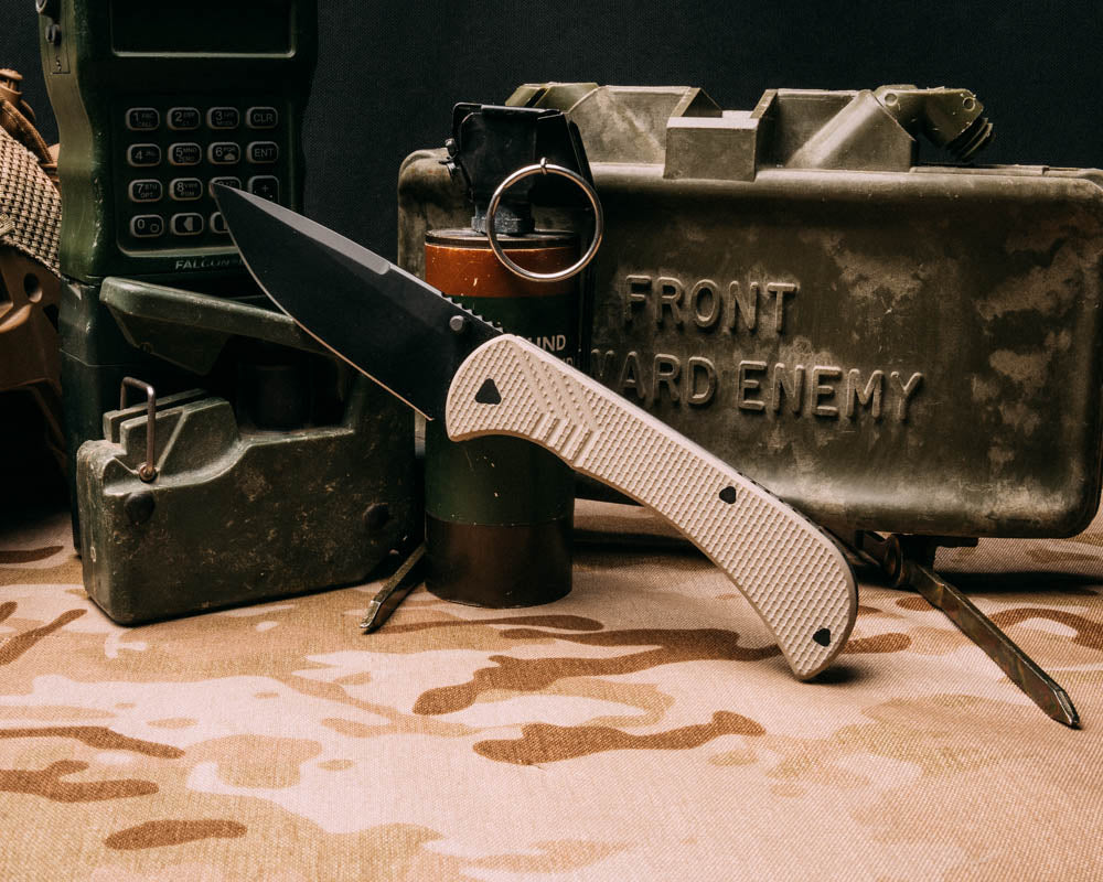 Cav folder full size -Tan G10, Armor black cerakote blade, textured grip, TI frame