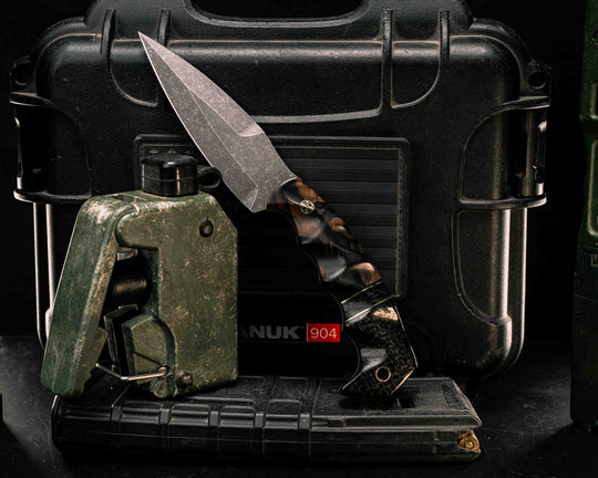 4" HUMINT- Black and White Ebony, Black G10 and Brass Pin Striping, Black Burlap Micarta Split, Black Burlap Micarta, Mosaic Pin, Brass Lanyard Pin, Textured Grip
