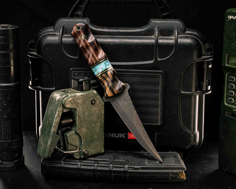 Combat Filet- Black and White Ebony, Black G10 and Brass Pin Striping, Turquoise with Gold Web Tru-stone Split, Asian Rosewood, Mosaic Pins, Brass Lanyard Pin, Textured Grip