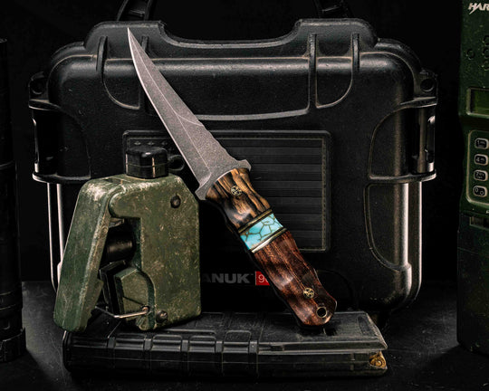 Combat Filet- Black and White Ebony, Black G10 and Brass Pin Striping, Turquoise with Gold Web Tru-stone Split, Asian Rosewood, Mosaic Pins, Brass Lanyard Pin, Textured Grip