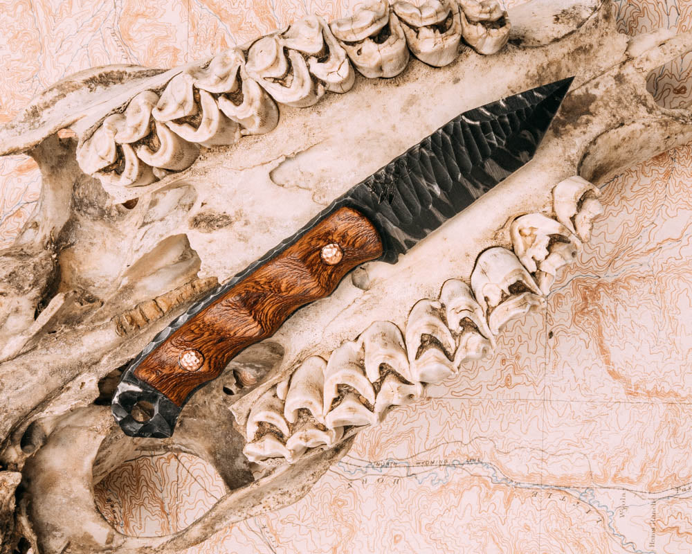 Modified Disaster Cub Tanto- rustic finished desert Ironwood, dimpled and domed copper pins, textured grip, tiger stripe etch