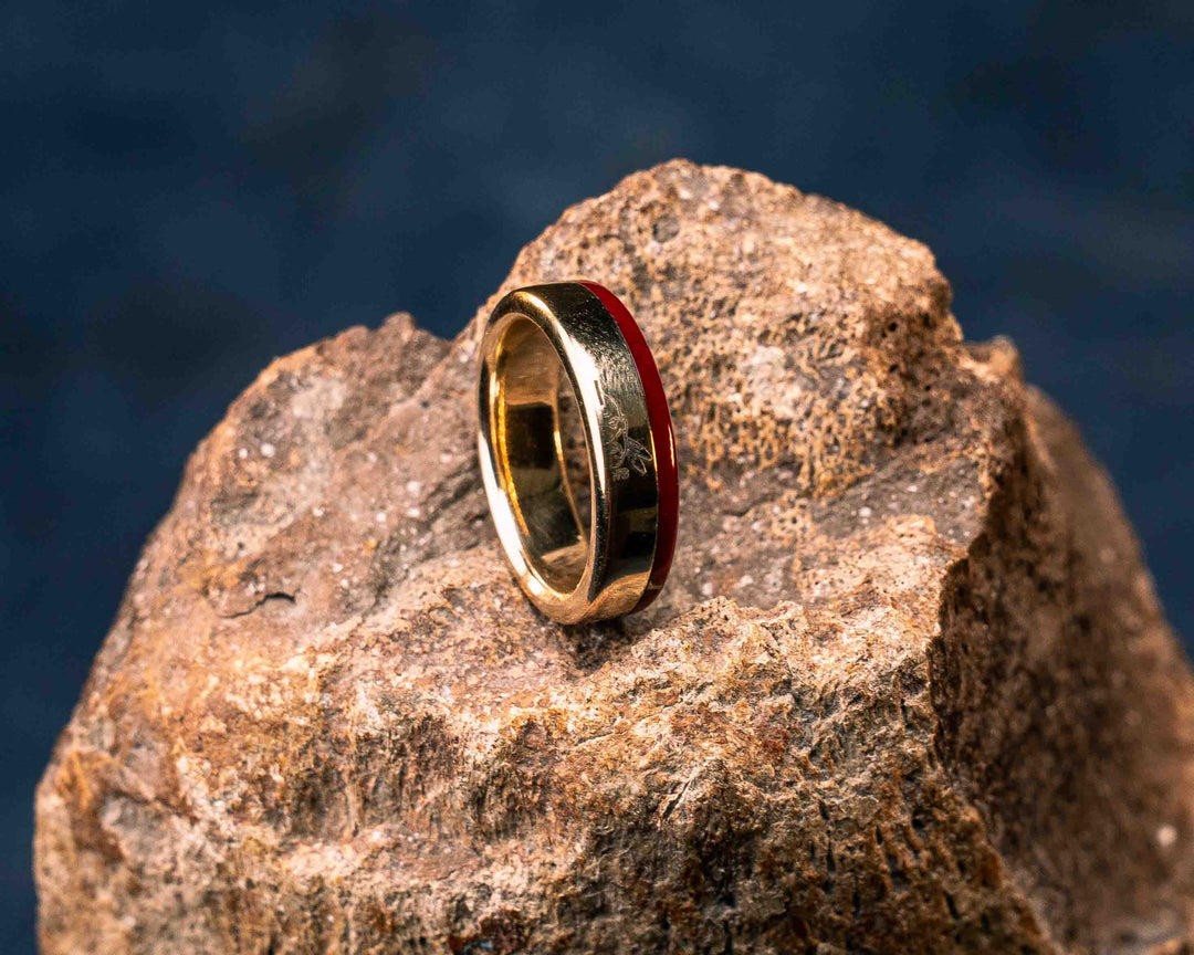 Ring (SZ 7.25) - 14K Solid Gold and Red with Gold Web Tru-stone