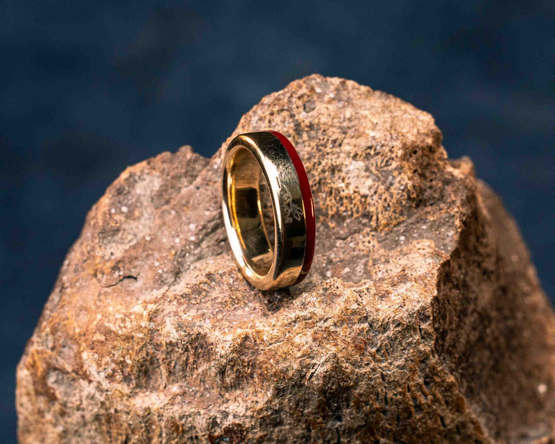 Ring (SZ 7.25) - 14K Solid Gold and Red with Gold Web Tru-stone