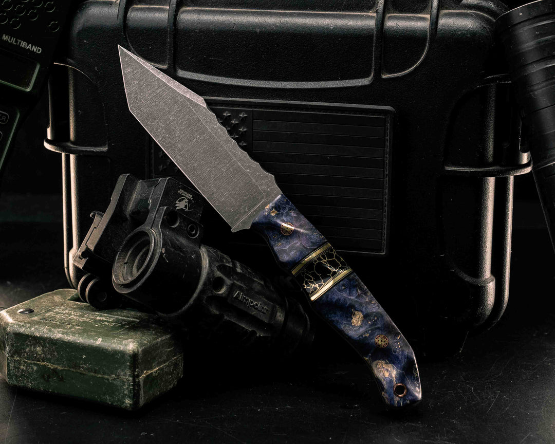Modified Crow Scout- Dyed Buckey Burl, Black G10 and Brass Pin Striping, Black with Gold Web Tru-stone Split, Mosaic Pins, Copper Lanyard Pin, Textured Grip