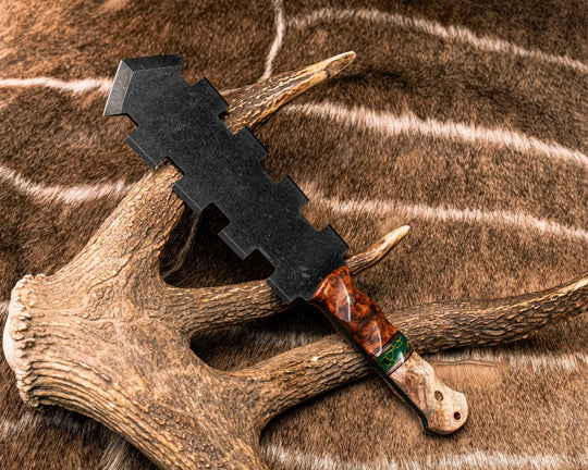 Mini Macuahuitl- Amboyna Burl, Black G10 and Copper Pin Striping, Arizona Jade Tru-stone Split, Mesquite, Mosaic Pins, Copper Lanyard Pin, Textured Grip
