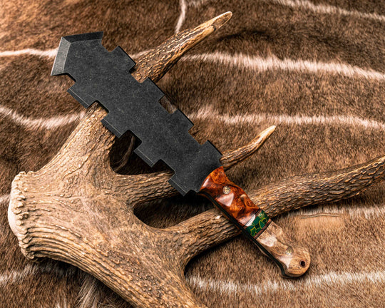 Mini Macuahuitl- Amboyna Burl, Black G10 and Copper Pin Striping, Arizona Jade Tru-stone Split, Mesquite, Mosaic Pins, Copper Lanyard Pin, Textured Grip