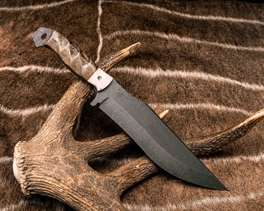American Bowie- Elk Antler, Natural Canvas Micarta Split, Hawaiian Curly Mango, Mosaic Pins, Textured Grip