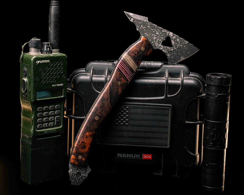 Bleeding Heart Hawk- Desert Ironwood, Black G10 and Copper Pin Striping, Navy S.E.A.L AOR1 Cammie Micarta and American Flag  Micarta Split, Mosaic Pins, Smooth Grip