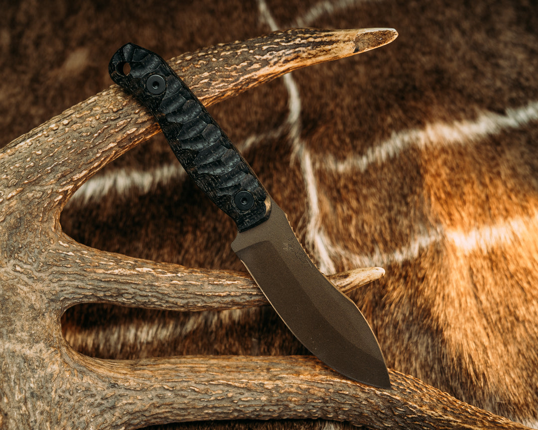 Skinner Jr- Black Burlap Micarta, Midnight Bronze Cerakote, Allen Bolts, Chaos Grip