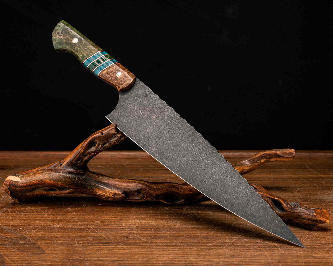 10" Chef Blade- Black Ash Burl, Black G10, Copper and Grey G10 Pin Striping, Chrysocolla Tru-stone and Arizona Jade Tru-stone Split, Dyed Black Ash Burl, Mosaic Pins, Smooth Grip