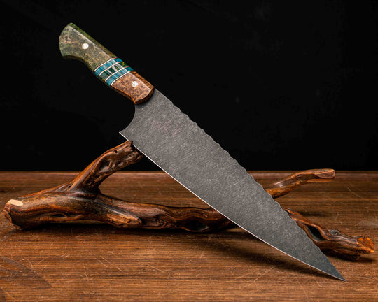 10" Chef Blade- Black Ash Burl, Black G10, Copper and Grey G10 Pin Striping, Chrysocolla Tru-stone and Arizona Jade Tru-stone Split, Dyed Black Ash Burl, Mosaic Pins, Smooth Grip