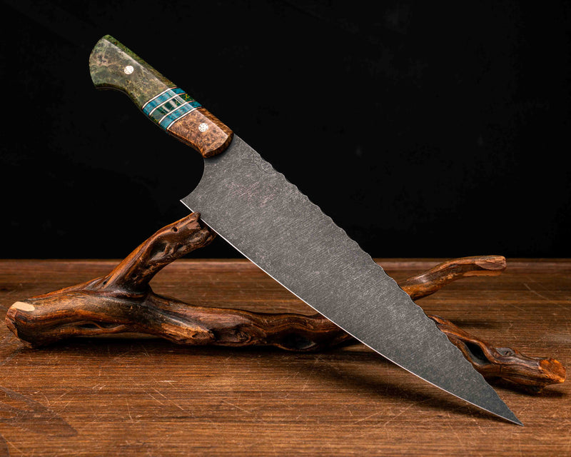 10" Chef Blade- Black Ash Burl, Black G10, Copper and Grey G10 Pin Striping, Chrysocolla Tru-stone and Arizona Jade Tru-stone Split, Dyed Black Ash Burl, Mosaic Pins, Smooth Grip