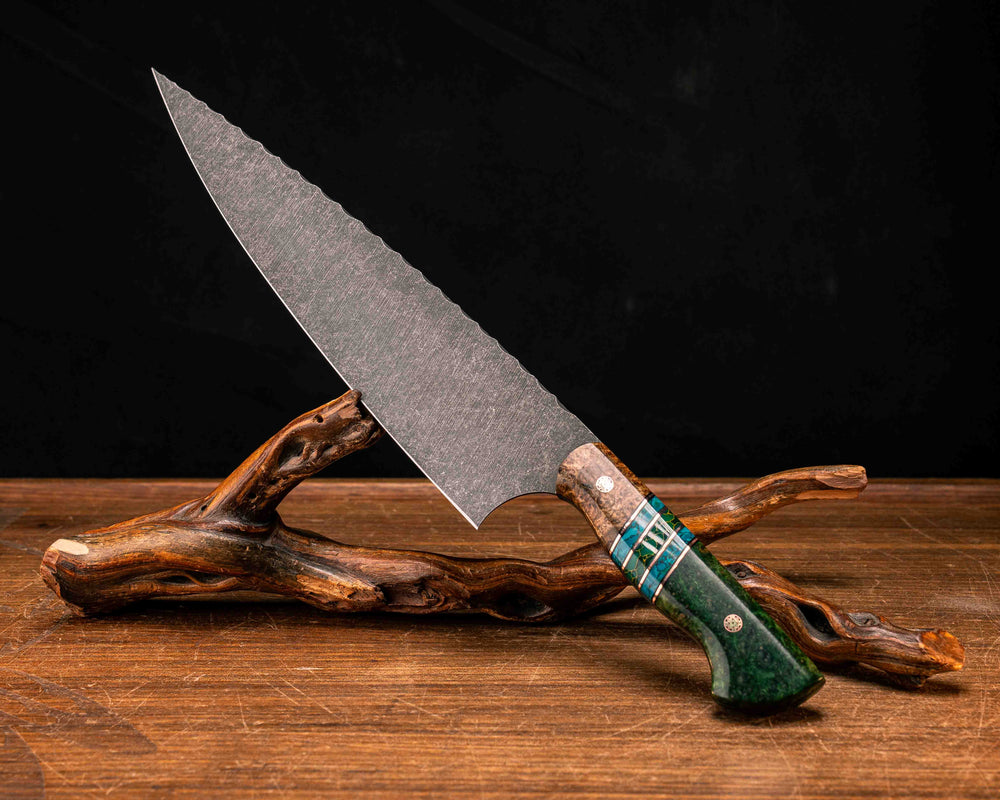 10" Chef Blade- Black Ash Burl, Black G10, Copper and Grey G10 Pin Striping, Chrysocolla Tru-stone and Arizona Jade Tru-stone Split, Dyed Black Ash Burl, Mosaic Pins, Smooth Grip