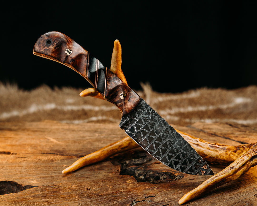 Cavner- Mahogany, Black G10 & Copper Pin Striping, Black Canvas Micarta Splits, Mosaic Pins, CF Lanyard Pin, Textured Grip.