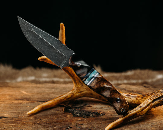 Crow Jr (Compound Grind)- Desert Ironwood, Black & Blue G10 w/ Aluminum pin striping, Larimar Tru Stone Split, Black Ash, Mosaic Pins, Textured Grip.