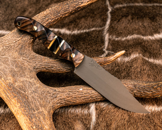 Crow Scout- Hawaiian Curly Koa, Black G10 and OD Green G10 Pin Striping, Hawaiian Curly Koa and  Bison Horn Split, Brass Pins, Brass Lanyard Pin, Textured Grip