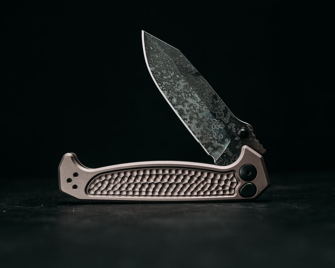 Custom Disaster Folder - Anodized Gray Handle, Acid Splashed Blade, Grenade Stippled Grip, Deep Carry Clip