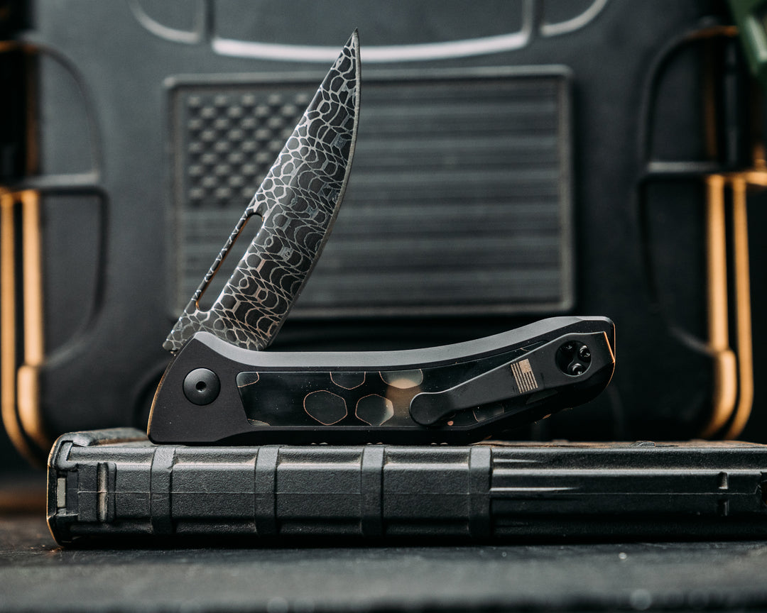 Custom Kwaiken Folder- Vegas Forge Basketweave Damascus- Raffir Noble Wasp, Anodized Black Handle, Black Nitride Blade, Smooth Grip, Deep Carry Pocket Clip