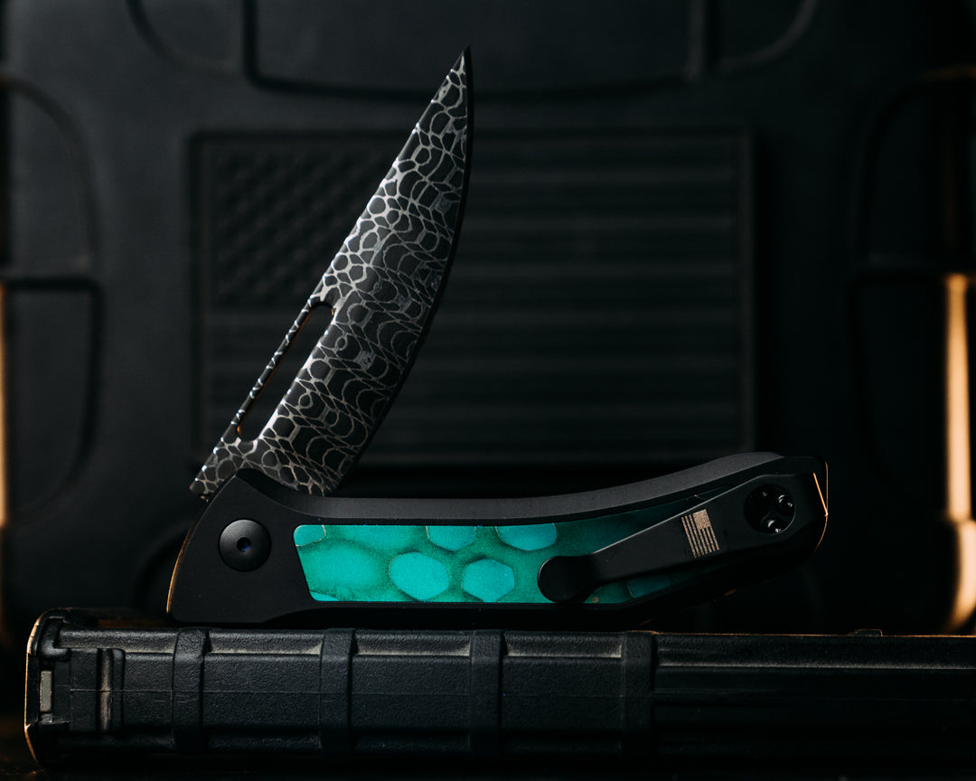 Custom Kwaiken Folder- Vegas Forge Basketweave Damascus- Raffir Noble Wasp, Anodized Black Handle, Black Nitride Blade, Smooth Grip, Deep Carry Pocket Clip