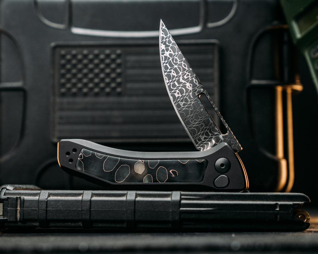 Custom Kwaiken Folder- Vegas Forge Basketweave Damascus- Raffir Noble Wasp, Anodized Black Handle, Black Nitride Blade, Smooth Grip, Deep Carry Pocket Clip