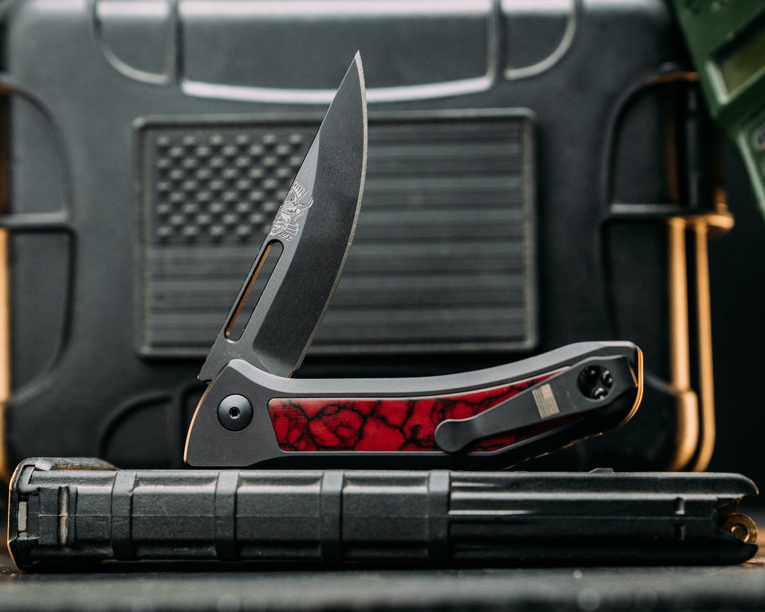 Custom Kwaiken Folder- Bloody Basin Tru Stone, Anodized Black Handle, Black Nitride Blade, Smooth Grip, Deep Carry Pocket Clip