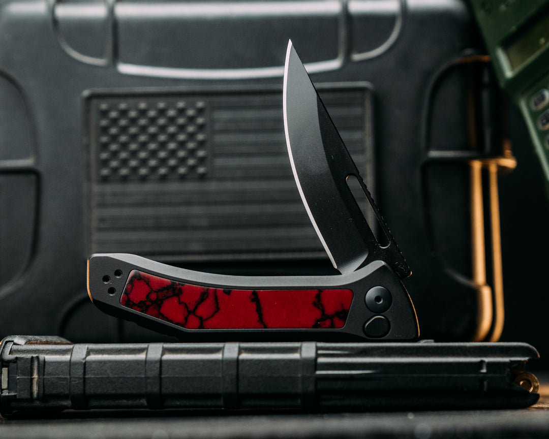 Custom Kwaiken Folder- Bloody Basin Tru Stone, Anodized Black Handle, Black Nitride Blade, Smooth Grip, Deep Carry Pocket Clip